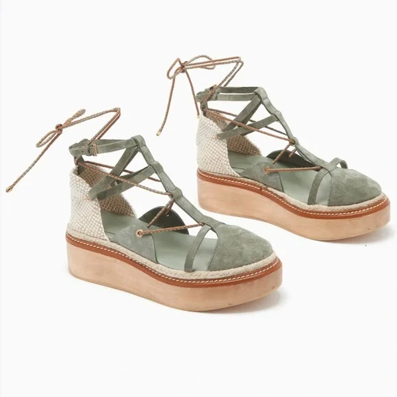 Ulla Johnson Olive Suede Lace-Up Platform Sandals - Picture 3 of 10
